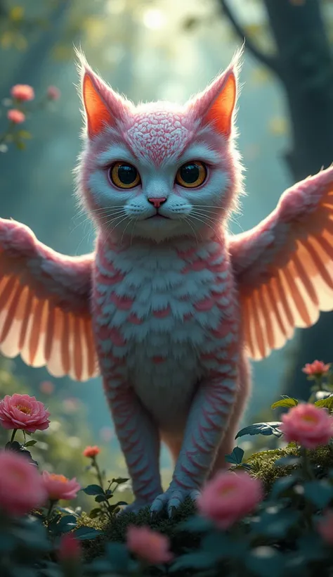 A cinematic horrir and ultra-realistic hybrid pink and blue creature combining a cat (Katze) and an owl (Eule), set in a dense, enchanting forest. The creature has the sleek body and graceful movements of a cat, adorned with captivating patterns, while fea...