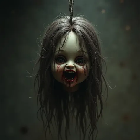 very creepy doll、Horror、Scary、very creep、 long hair,  open her mouth , Upside down、 unkempt hair、antique doll、Blank Face、bleed