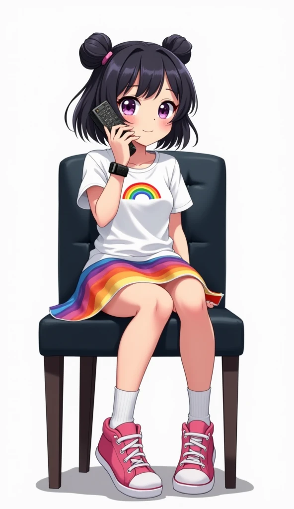 Animated adolescent woman with black hair and purple eyes with two pigtails in her hair and wearing a white t-shirt, short sleeves with a rainbow logo in the middle of her chest and with a black watch, and wears a horizontal rainbow skirt and also a pink s...