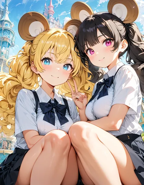 (ultra-detailed, master piece, best quality, high resolution, beautiful hair, beautiful eyes, expressive eyes, perfect face, perfect human structure),
Amusement park, dreamland, Tokyo Disneyland, ((2girls, blonde and black hair)),
A girl with slightly curl...