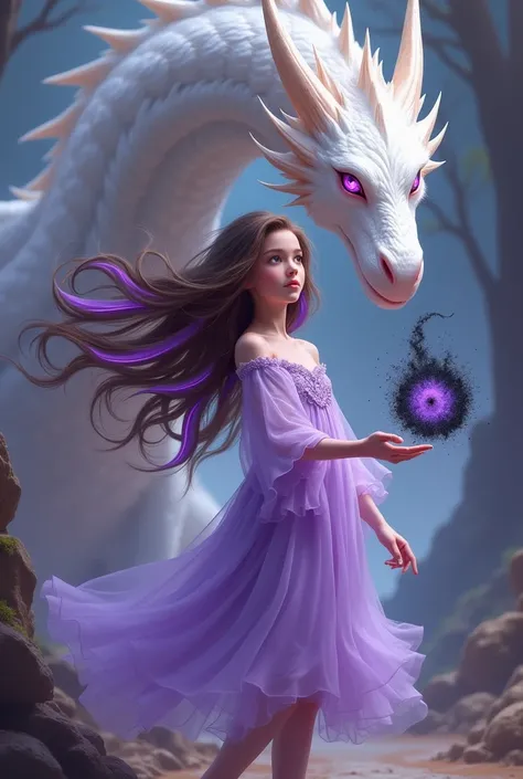 Girl with long brown and purple hair with purple eyes with a light purple dress and black magic coming out of her hand a white dragon behind her with purple eyes