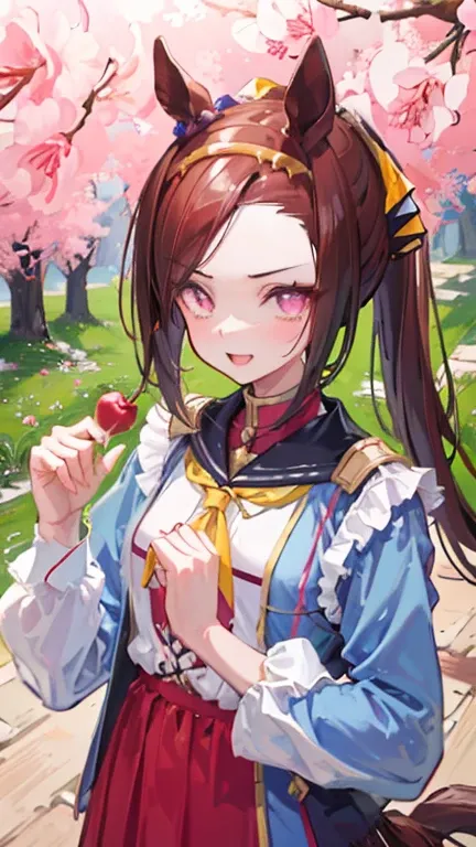 (masterpiece,  top quality),  1 girl,  Sakura Bakushin-O（Horse Girl）   chest, bangs, Cherry Blossom Eyes V Shaped Eyebrows , parted bangs, Laughing out loud