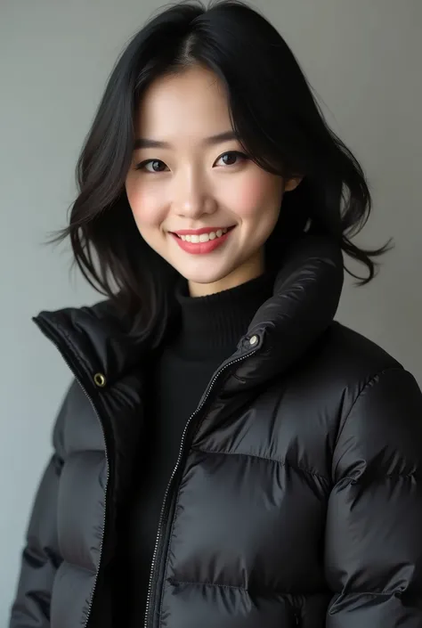 Beautiful Chinese Woman、 black hair、 Hairstyle shortcuts、 Darker Eye Line 、Ear piercing、黒い down jacket、smile、 beautiful alignment of teeth、 trainer、 upper body、 Neutral Backgrounds 、 frontal angle
