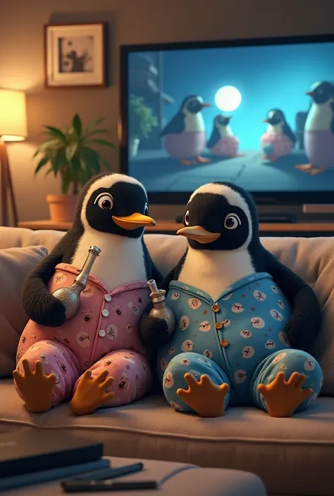  Create an image of a penguin sitting on a couch with his wife, smoking a bong ,  watching a television series , and wearing penguin pajamas  