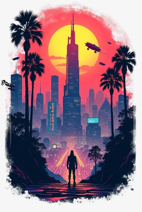 Vector t-shirt design ready to print, Cyberpunk city scene with a towering central skyscraper surrounded by neon-lit streets and futuristic buildings, set against a dark sky illuminated by digital billboards and holograms. The cityscape features towering s...