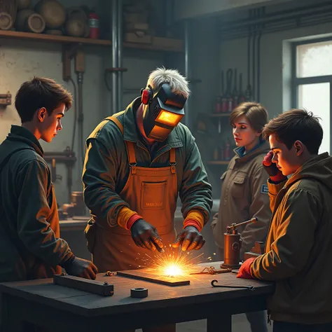  A normal white man of 40 years , delgado, short, slightly gray hair ,  master blacksmith welder wearing a welding mask teaching several teenagers in a classroom, all wearing soldering masks .