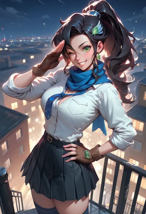 masterpiece, best quality, solo, 1girl, kay faraday, grin, looking at viewer, standing, hand on own hip, two-finger salute, long hair, black hair, high ponytail, hair ornament, key, green eyes, one eye closed, pink shirt, sleeves rolled up, brown gloves, b...