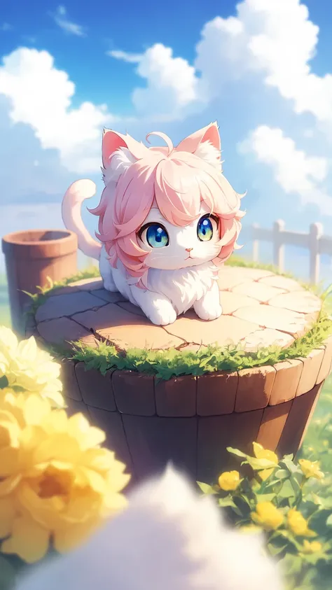 Cat Morphing Girl , Fluffy,  soft (( top quality)), ((masterpiece)), (  Extreme Details,  best details,  Official Art ,  Beauty and Aesthetics : 1.2),  is written by,  Composition, whole body, (Chibi), ( beautifully detailed eyes: 1.3), (Excellent:1),  Col...