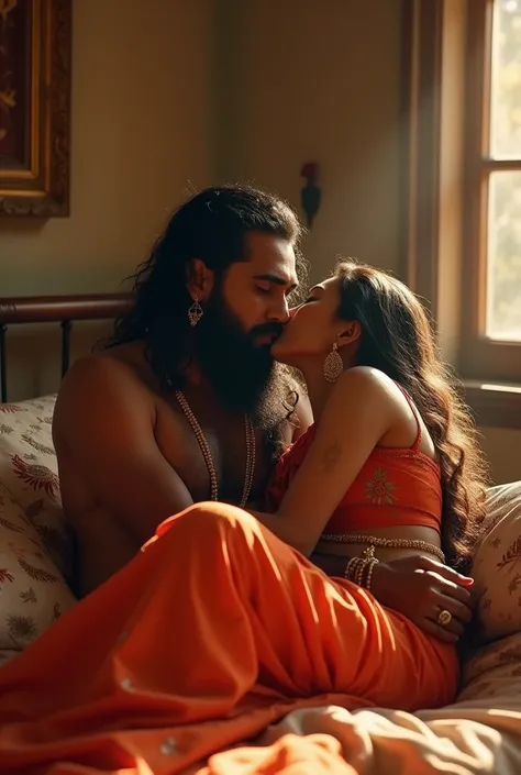 A sage with his beautiful wife body, both having sex lying on the bed, clear face Indian atmosphere, Indian saree, sage black beard, 4K, tilak on forehead, mythology