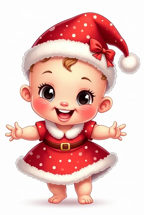 
Create a baby  , with a dress and with the Santa Claus hat with the red bow on his head, in cartoon style with transparent background