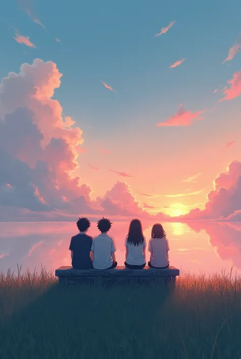 Poetic sky ,  floating white clouds ,  shadow of a couple of boys and girls leaning on a stone bench watching the red sunset at the end of the horizon,  green grass swaying in the wind 