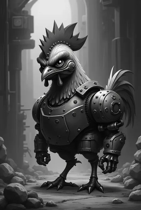 Create a grayscale metal cover-like dark cartoon image about a little chicken