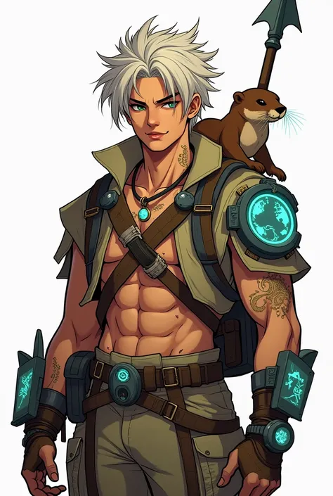 " Design a male character in an illustrated anime style , showing the character in full body and from the front. The character is a 20-year-old explorer,  with a serious and decisive character . He has short hair, sand-colored and white, disheveled and ext...