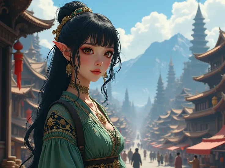 anime, Beautiful woman with reptilian features, Medieval civilian clothing, Medieval fantasy city.