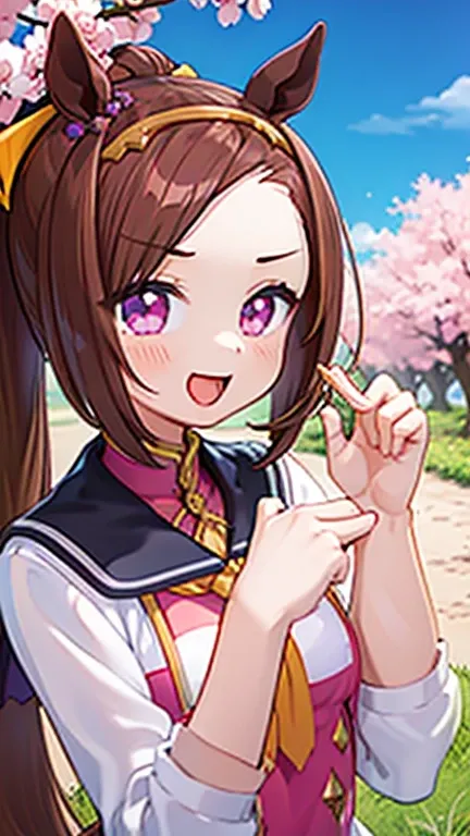 (masterpiece,  top quality),  1 girl, Sakura Bakushin Oh（Horse Girl）   chest, bangs, Cherry Blossom Eyes V Shaped Eyebrows , parted bangs, Laughing out loud