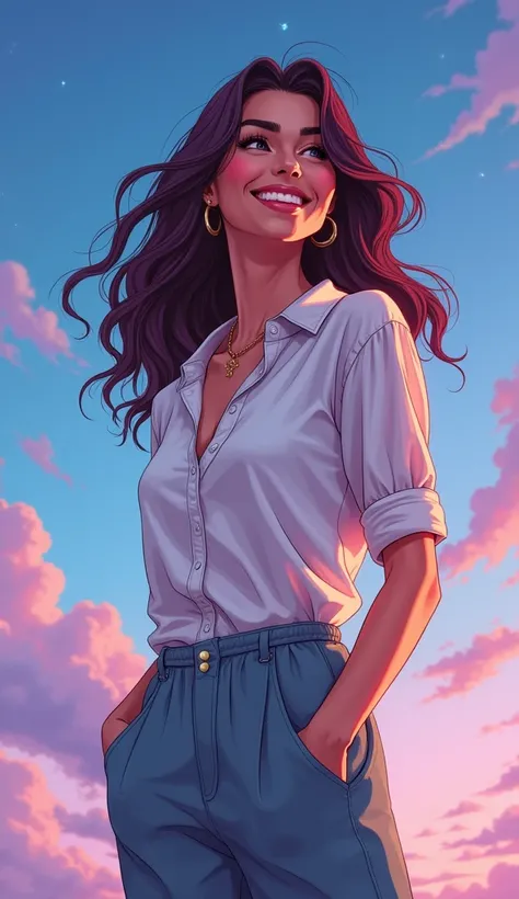 DISCREET image. with discreet casual clothes, such as a comfortable yet stylish blouse and pants. image adult woman, american, comic book style. happy, with a bright, joyful smile that reflects her positive energy. IMAGES WITH VIBRANT COLORS, with a celest...