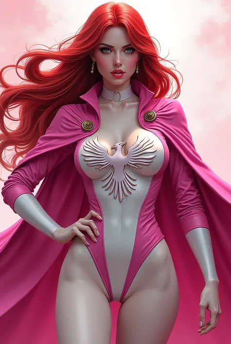 Female comic book characters, heroin,  with long red hair ,  wearing a costume like a dress and a cape in pink and white, with a feel , with an eagle coat of arms on the chest , Comic book version