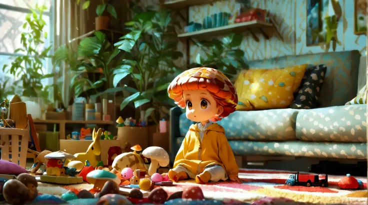 A cozy, modern living room cluttered with toys. It depicts a five-year-old boy named Yura, who has a mushroom-style haircut. He is dressed entirely in yellow and is in the process of tripping over some toys. In the background is a modern interior with soft...