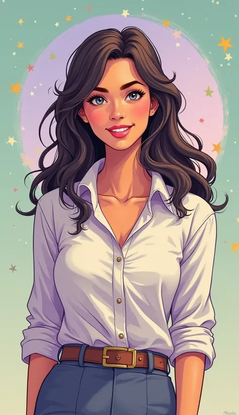 DISCREET image. with discreet casual clothes, such as a comfortable yet stylish blouse and pants. image adult woman, american, comic book style. happy, with a bright, joyful smile that reflects her positive energy. IMAGES WITH VIBRANT COLORS, with a dreamy...