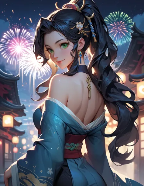 anime, masterpiece, best quality, from behind, solo, 1girl, kay faraday, smile, looking back, long hair, black hair, high ponytail, hair ornament, key, green eyes, japanese clothes, blue kimono, off shoulder, blue sash, bare shoulders, outdoors, night, fir...