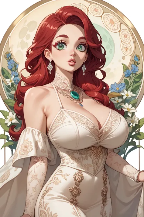 ((girl, green eyes, long red hair, bangs, big hipps, huge breasts, big neckline)), (highest quality), ((1.60 meters tall)), ((elegant bearing)), Art Nouveau watercolor , Moon Goddess (()), (()), (())，((Big eyes, length, Thick eyelashes, Fuller lips, blue e...