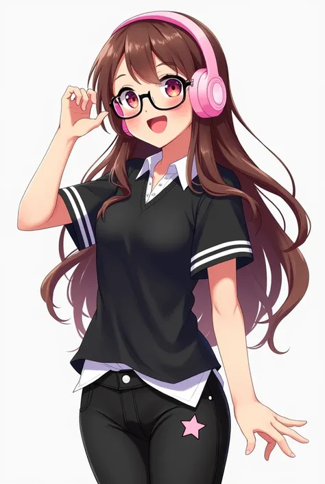 A girl with long brown hair wearing pink headphones black t-shirt with white stripe on the arms of the white polo shirt and black pants with star stiker on the right of her pants and happy cheer and who has glasses 