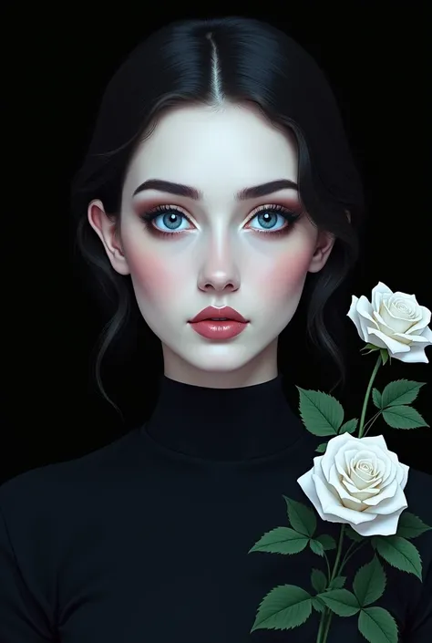 WALLPER, a digital painting of a womans face, adorned with blue eyes and a black dress. The womans eyes are a piercing blue, adding a pop of color to the scene. The background is a stark black, creating a stark contrast to the womans white face. To the rig...