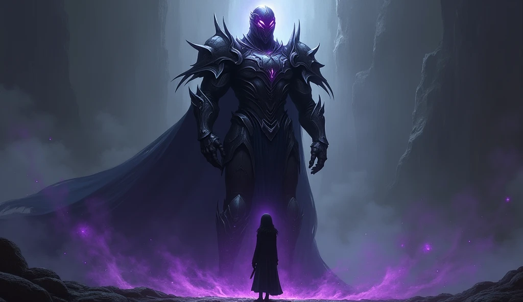 Towering slightly over Lyra, his dark armor absorbs the light except for faint violet reflections on its surface.

Shadows swirl faintly around him, his expression calm yet resolute.
