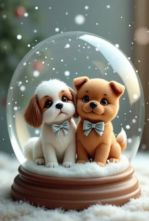 Make a snow globe with a white and brown ribbon shitzu and a brown chow chow with a bow