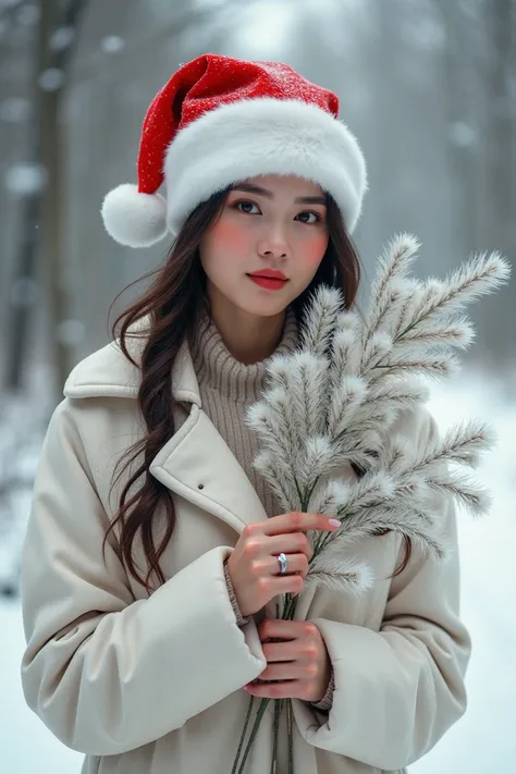 Beautiful young woman.  in his hands dressed in a festive Santa hat over his head, At the top, he holds a white fur , gałązkę świąteczną w zimowym świątecznym krajobrazie 


