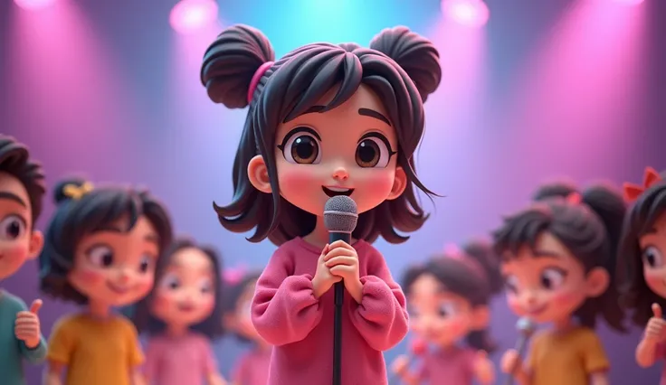  girlfriend wearing pink long-sleeved top , standing with the students on the microphone singing.  slightly curled hair tied shoulder-high, big eyes glitter , having a limb , Face,  chibi style 3d 