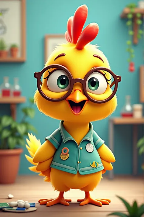 Create Chicken Little chicken wearing prescription glasses with a blouse from the biology course at UFPB in a cartoonish way