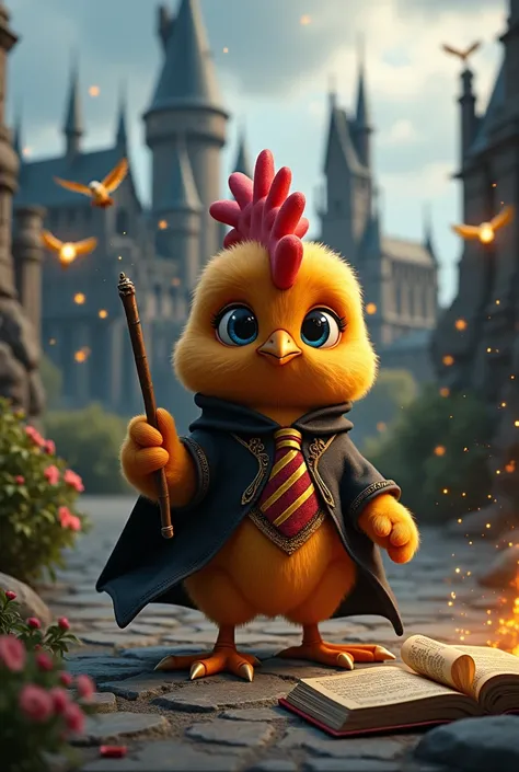  An extremely cute and realistic chicken ,  with shiny feathers in shades of gold and brown , wearing a black wizard cape with the Hogwarts coat of arms embroidered in gold details on the chest .  She has a striped tie in the vibrant colors of Gryffindor  ...