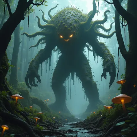 "Create a hyper-realistic depiction of Terrafungus, a massive fungal creature, in its natural habitat—a dark, humid, and dense jungle filled with bioluminescent fungi and twisted roots. The creature towers over the vegetation, its spore-laden tendrils spre...