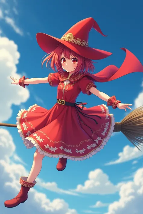 Anime 4 HD Girl with red dress with belt she is wearing a witch hat in red she flies on a broom she has brown hair and red eyes she is wearing a cape 