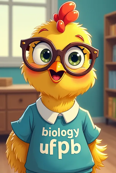  create Chicken Little chicken wearing prescription glasses with a blouse written on "Biology UFPB " In a cartoonish way 