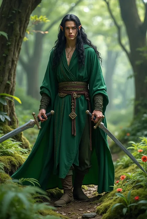  Gere a 30-year-old elven man,  with long black hair , holding two swords, wearing a green robe , in a forest, He should not have a beard