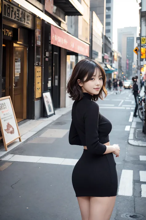  A beautiful Korean woman standing in an urban city 。 showing natural movements in random poses 、 wearing a tight sweater and tight miniskirt that emphasizes the curves of the body。 The sweater fits the body 、 enhances the feminine body line 、 the miniskir...