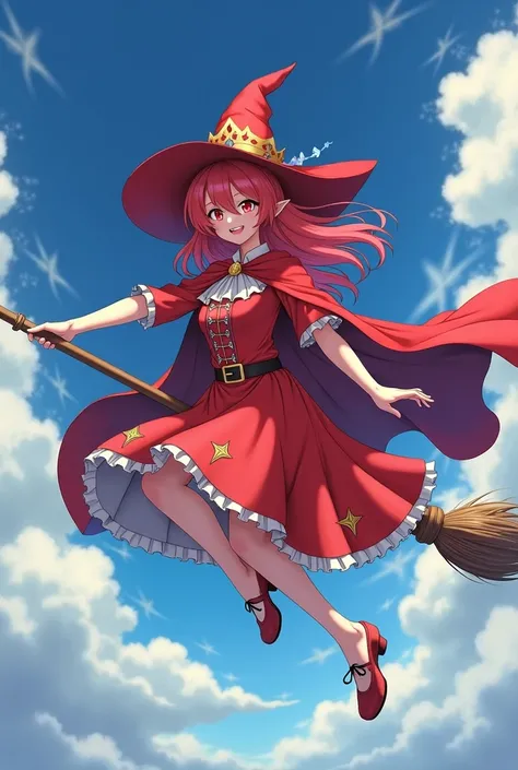 Anime 4 HD Girl with red dress with belt she is wearing a witch hat in red she flies on a broom she has brown hair and red eyes she is wearing a cape 