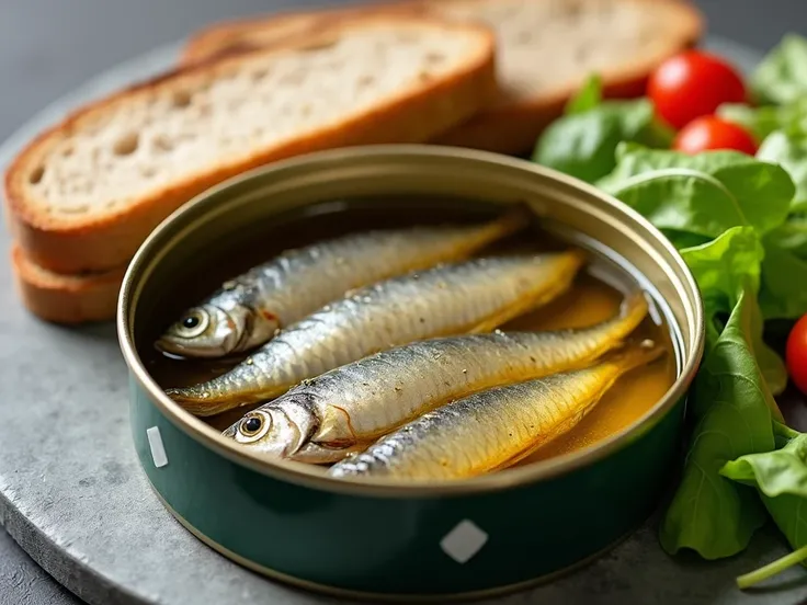  Image of a can of canned sardines , open, showing fish in olive oil ,  accompanied by a slice of wholemeal bread and a green leaf salad,  ideal to illustrate a practical and healthy meal .  REALISTIC IMAGE.