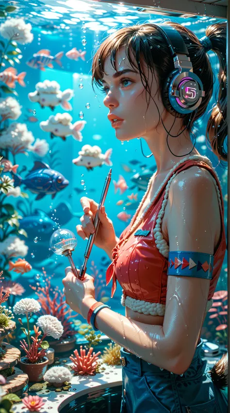 Medium shot， pretty girl，student，Swollen lips，disdain，Split Ponytail，Arm band，Wet，Martin boots，Sheep Tail，Wear headphones，Holding a magic wand，aquarium，Edgewalker，Dusk Law