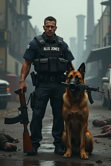 Fais moi une image de photo de profil montrant une homme transpirant lspd portant un gilet par balle ayant écrit dessus Alix Jones. Avec un fond dusine, des cadavres dhumain par terre et une voiture de lspd. Il a un malinois a côté qui tiens une ak47 dans ...