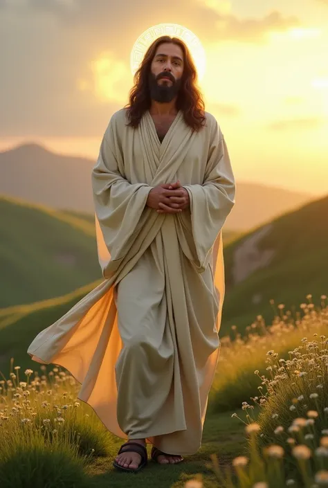 An ultra-realistic, full-body, photographic-style portrait of Jesus Christ in 8K resolution, resembling a professional studio photograph. He has long, naturally flowing dark brown hair, a neatly groomed beard, and deep, compassionate brown eyes that exude ...