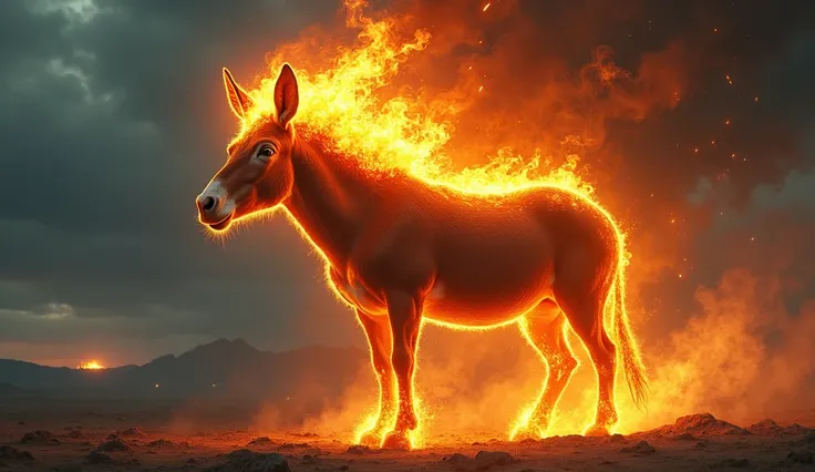 A mule with its head on very ferocious flames