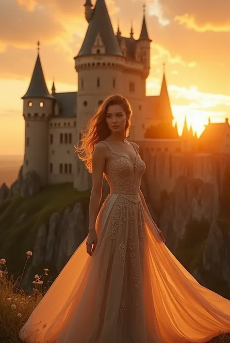 "Create an ultra-high-definition, highly detailed, cinematic image of a beautiful woman standing in front of a majestic castle. The woman should wear an elegant, luxurious gown with intricate embroidery and shimmering details, flowing gracefully in the win...