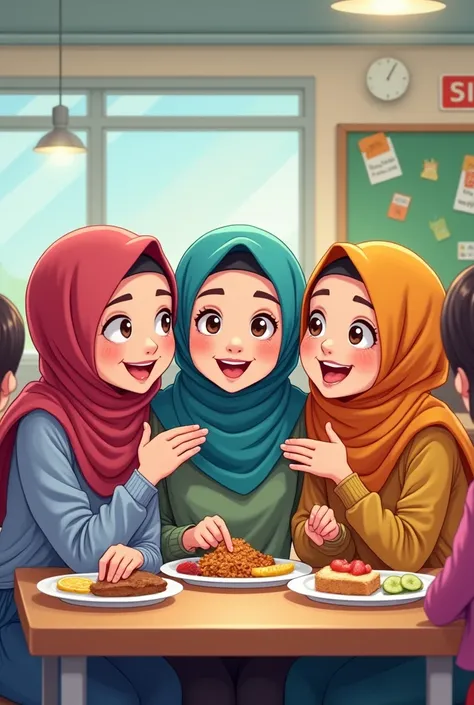  making 3 teenage girls about , The three ren wore hijab , and Rest in the canteen together, cartoon 