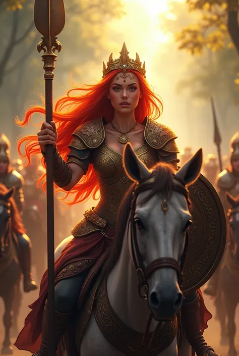 *((Anime-style, extremely detailed, ultra-HD 8k, vibrant colors, glowing effects, cinematic lighting, dynamic movement)), a powerful Viking woman with fiery red hair, glowing like flames, riding a majestic horse at the forefront of an army. She wears a cro...