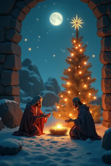 a close up of a nativity scene with a christmas tree, concept art by Christopher Balaskas, Artstation contest winner, fantasy art, 8k stunning artwork, rossdraws global illumination, 🌲🌌, artgem and beeple masterpiece, bussiere rutkowski andreas rocha, 4k h...