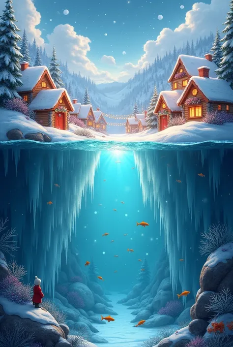 Half of the picture. The upper part is a town with a Christmas atmosphere and snow, and the bottom is like being underwater in winter.
