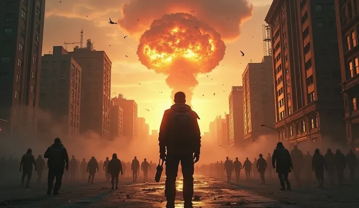  in the city Survivor observes a nuclear explosion in the distance, while other people run desperately to get away
